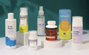 Collection of skincare and health supplements including face wash, belly oil, turmeric, and digestio.